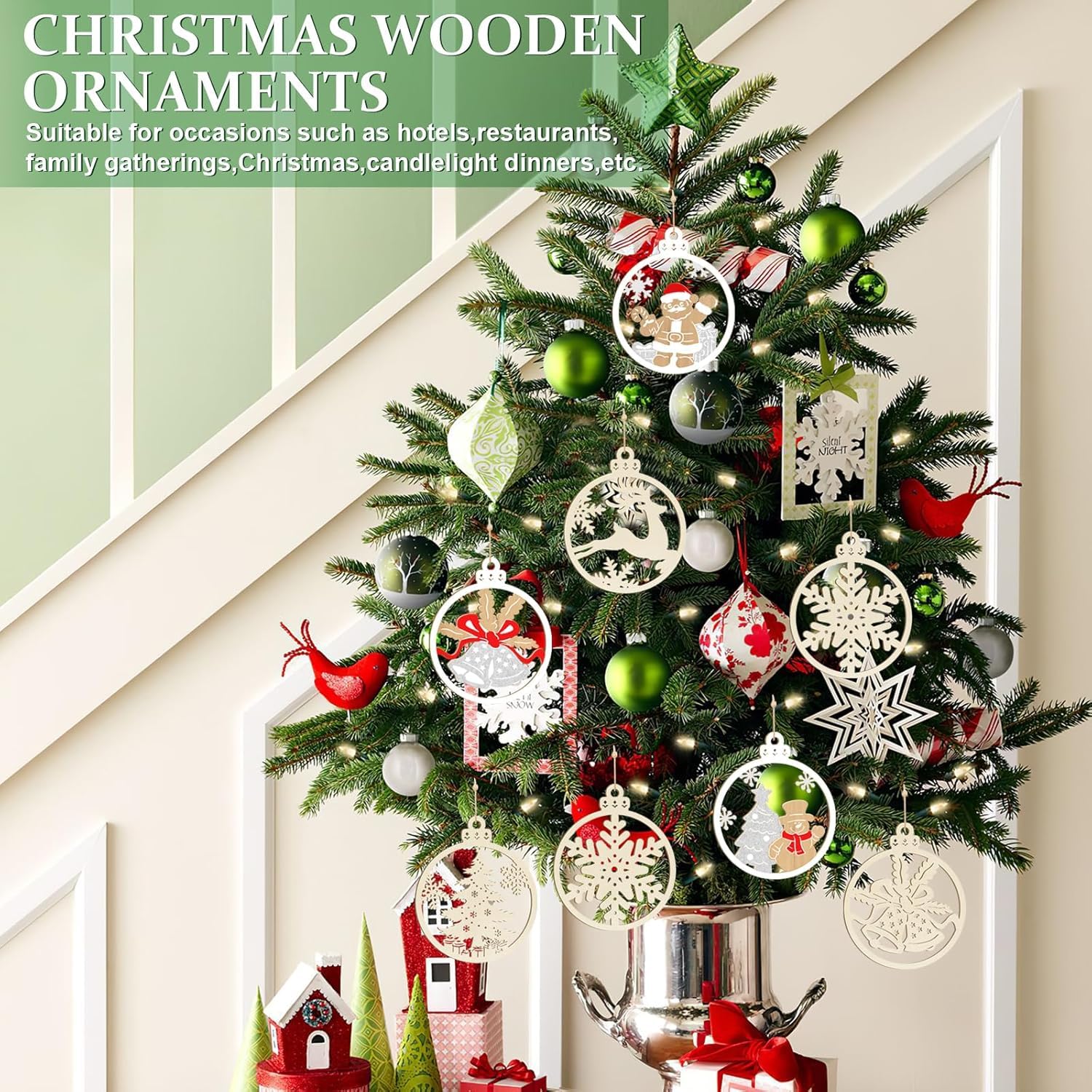 Decorative Christmas tree with wooden ornaments in a home setting