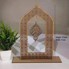 Decorative wooden arch with geometric design on a white surface with a plant in the background