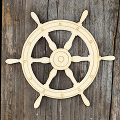 Wooden ship's steering wheel on a wooden background