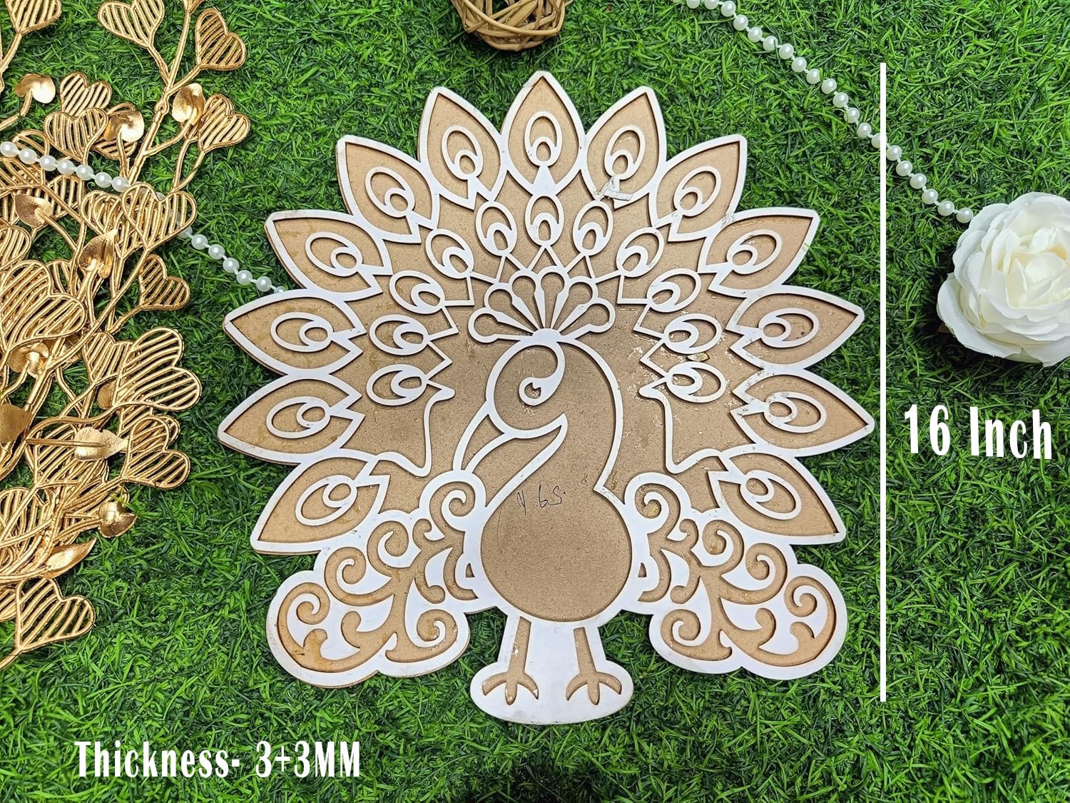 Decorative metal die cut of a peacock on grass with measurements and thickness details.