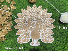 Decorative metal die cut of a peacock on grass with measurements and thickness details.