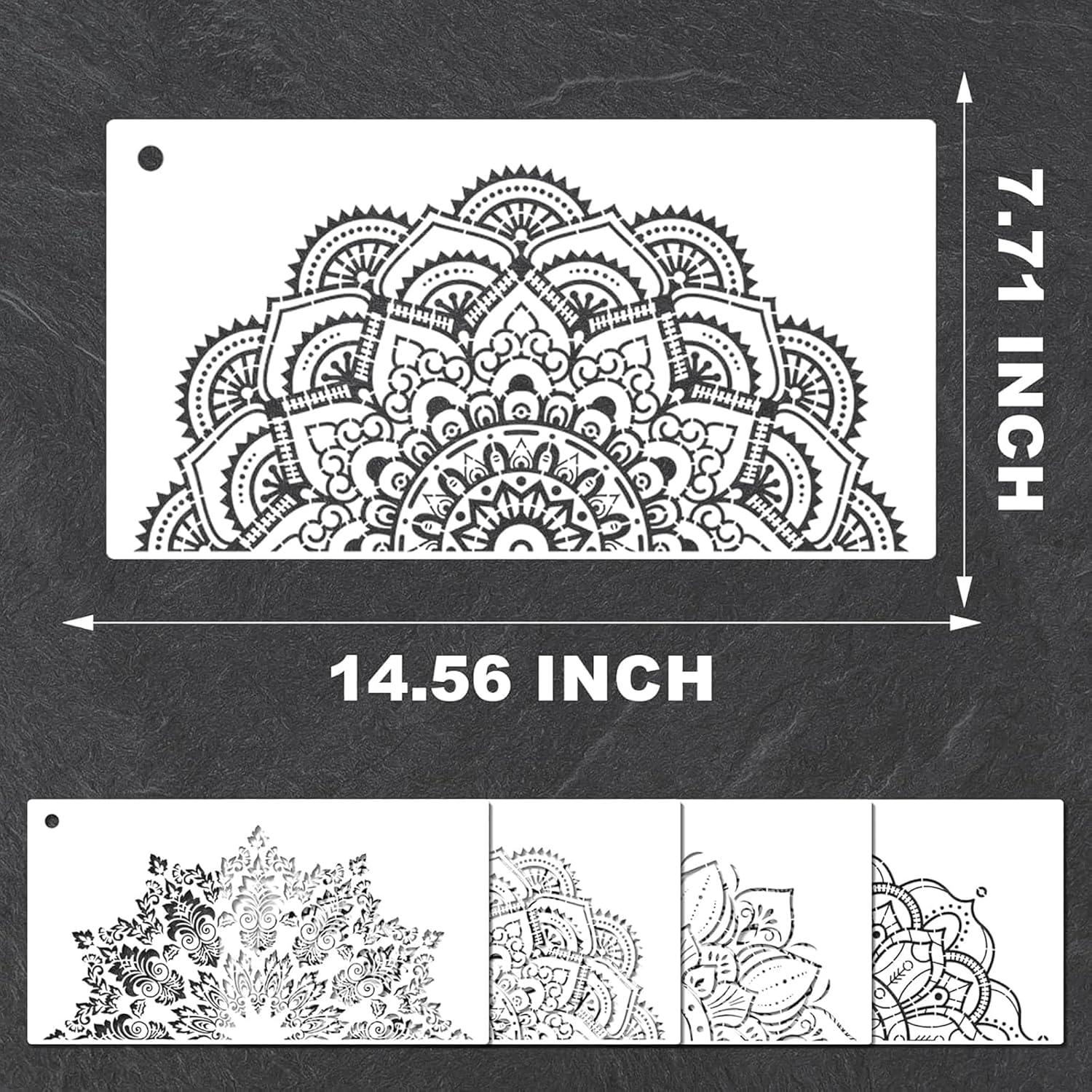 Decorative mandala stencil with measurements on a dark background