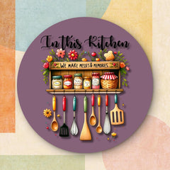 Decorative plate with kitchen-themed design and text on a colorful background