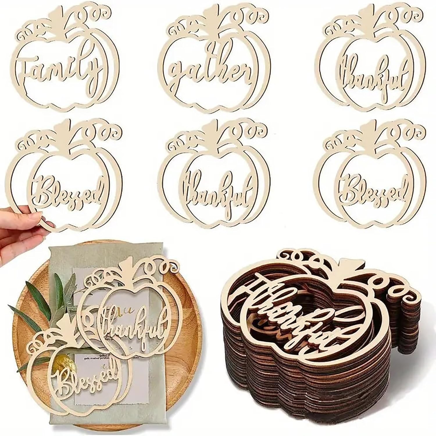 Wooden pumpkin-shaped cutouts with engraved text on a white background