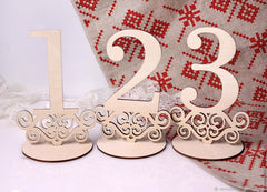 Wooden table numbers '1', '2', and '3' on a decorative background