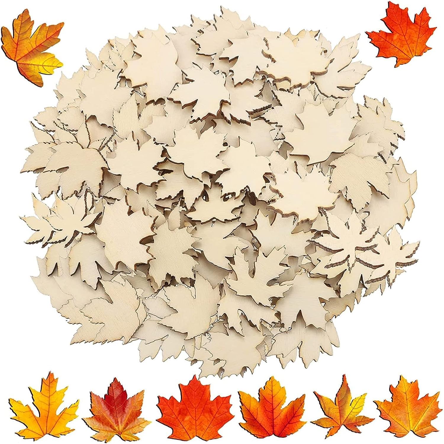 Collection of wooden leaf shapes with a mix of natural and orange leaves on a white background