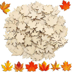 Collection of wooden leaf shapes with a mix of natural and orange leaves on a white background