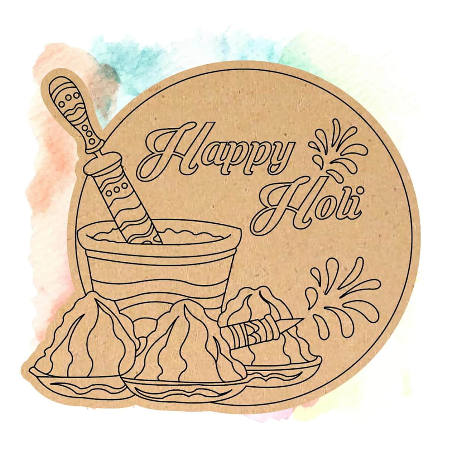 Decorative card with 'Happy Holi' text and traditional elements on a watercolor background