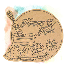 Decorative card with 'Happy Holi' text and traditional elements on a watercolor background