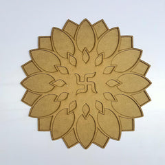 Decorative brown sunflower-shaped cutout with a central swastika symbol on a light gray background