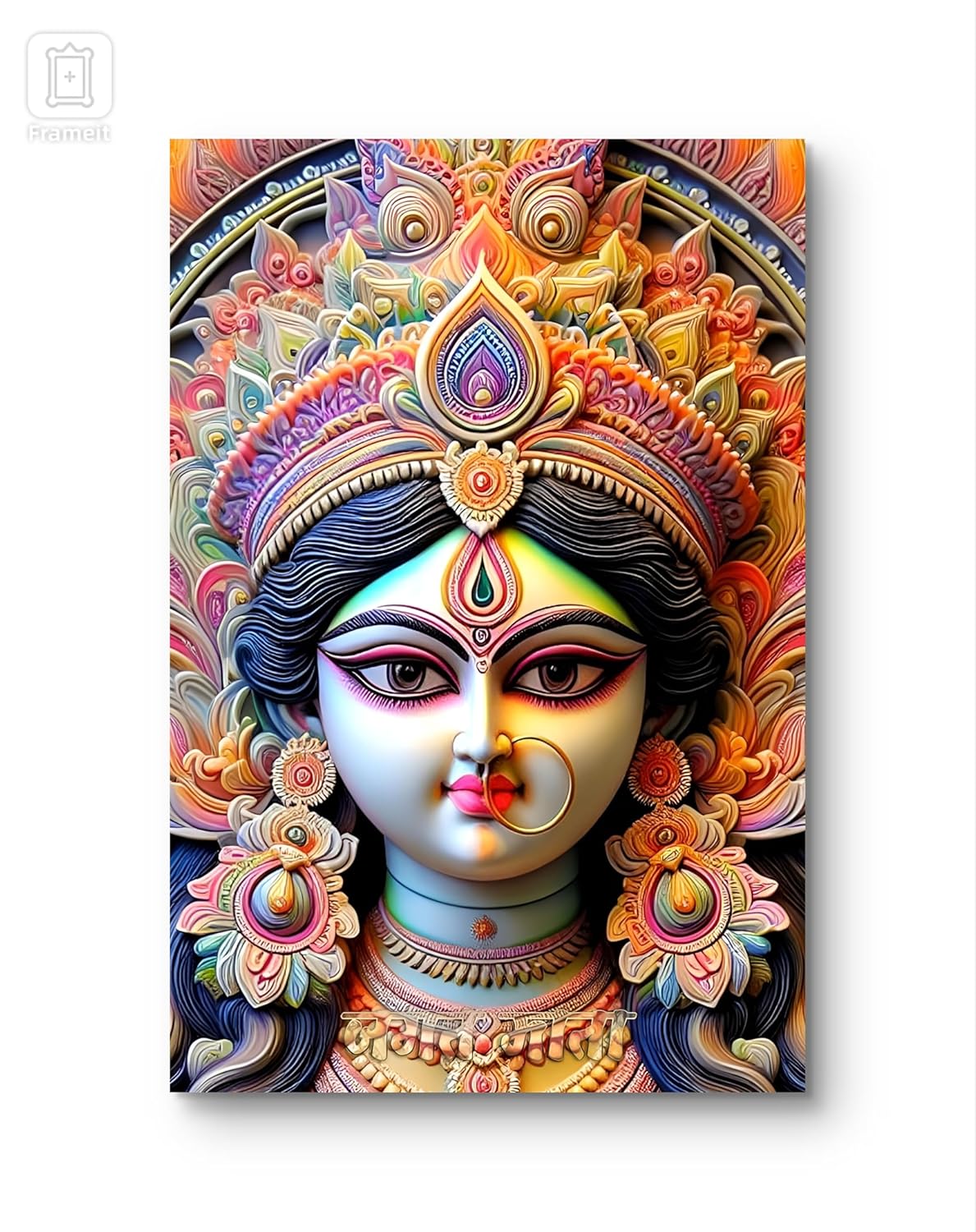 Colorful depiction of a deity with intricate patterns and jewelry on a white background
