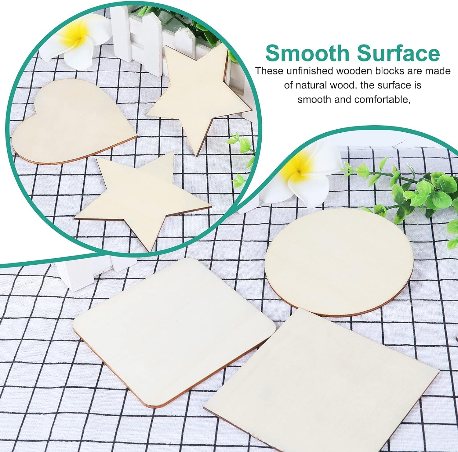 Unfinished wooden blocks in various shapes on a checkered surface with text about smooth surface.