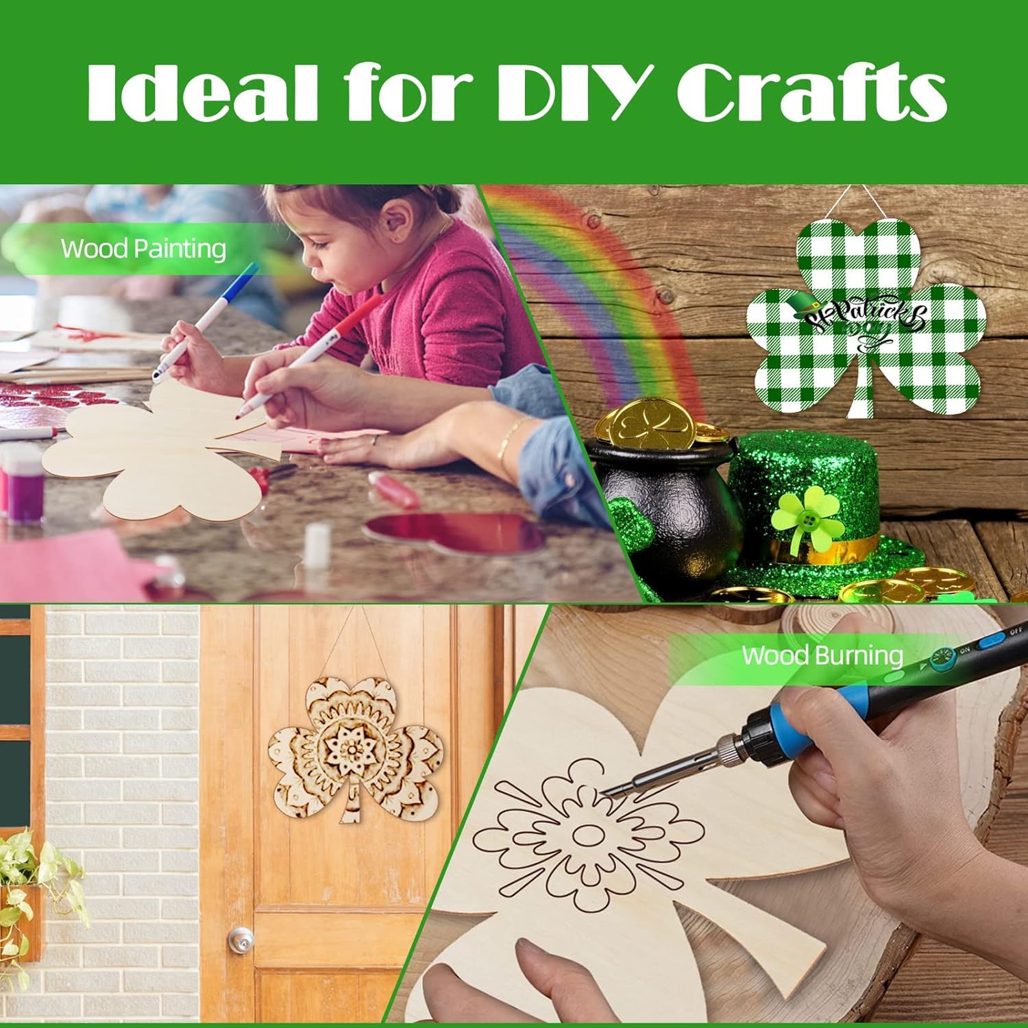 Collage of DIY crafts including wood painting and wood burning with decorative elements.