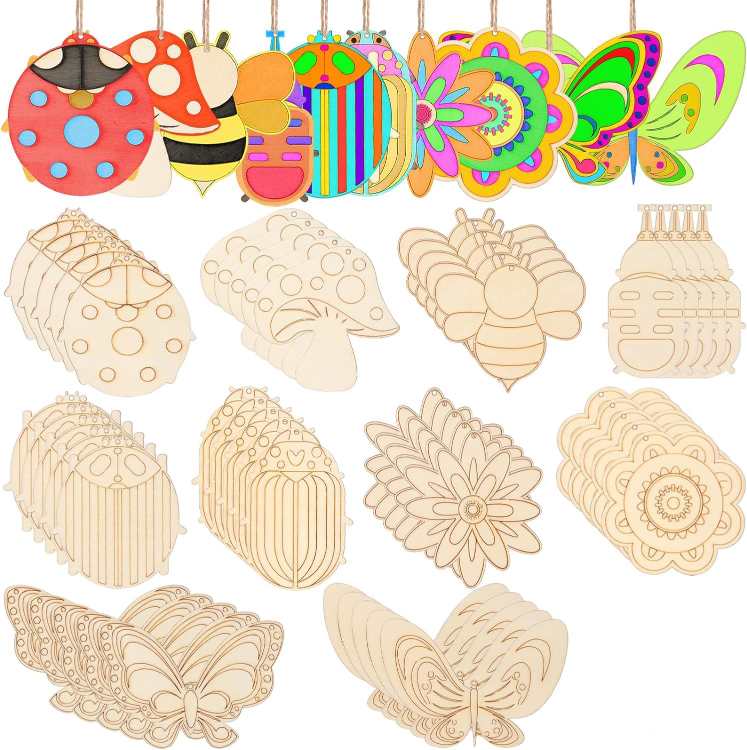 Set of colorful wooden cutouts including ladybugs, flowers, and butterflies on a white background.