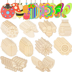 Set of colorful wooden cutouts including ladybugs, flowers, and butterflies on a white background.