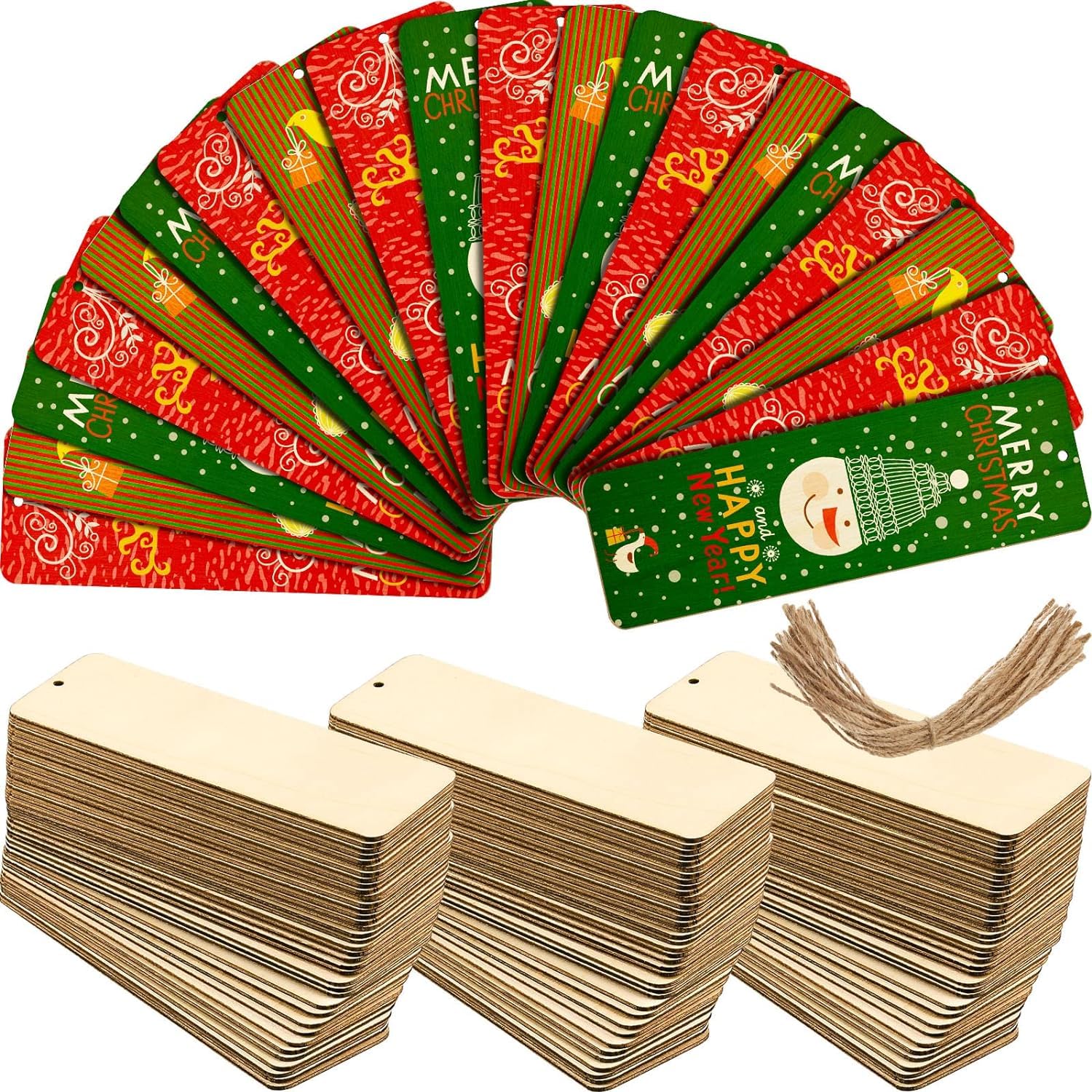 Set of Christmas-themed gift tags and wooden tags on a white background