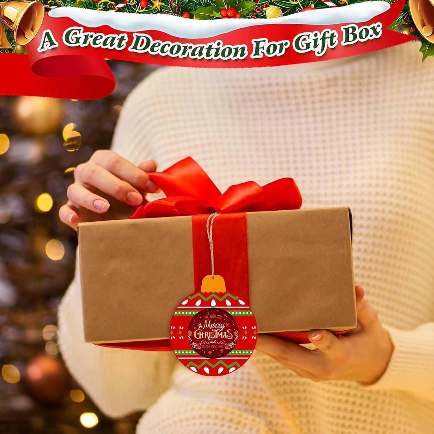 Person holding a gift box with a red ribbon and 'Merry Christmas' tag, against a festive background.