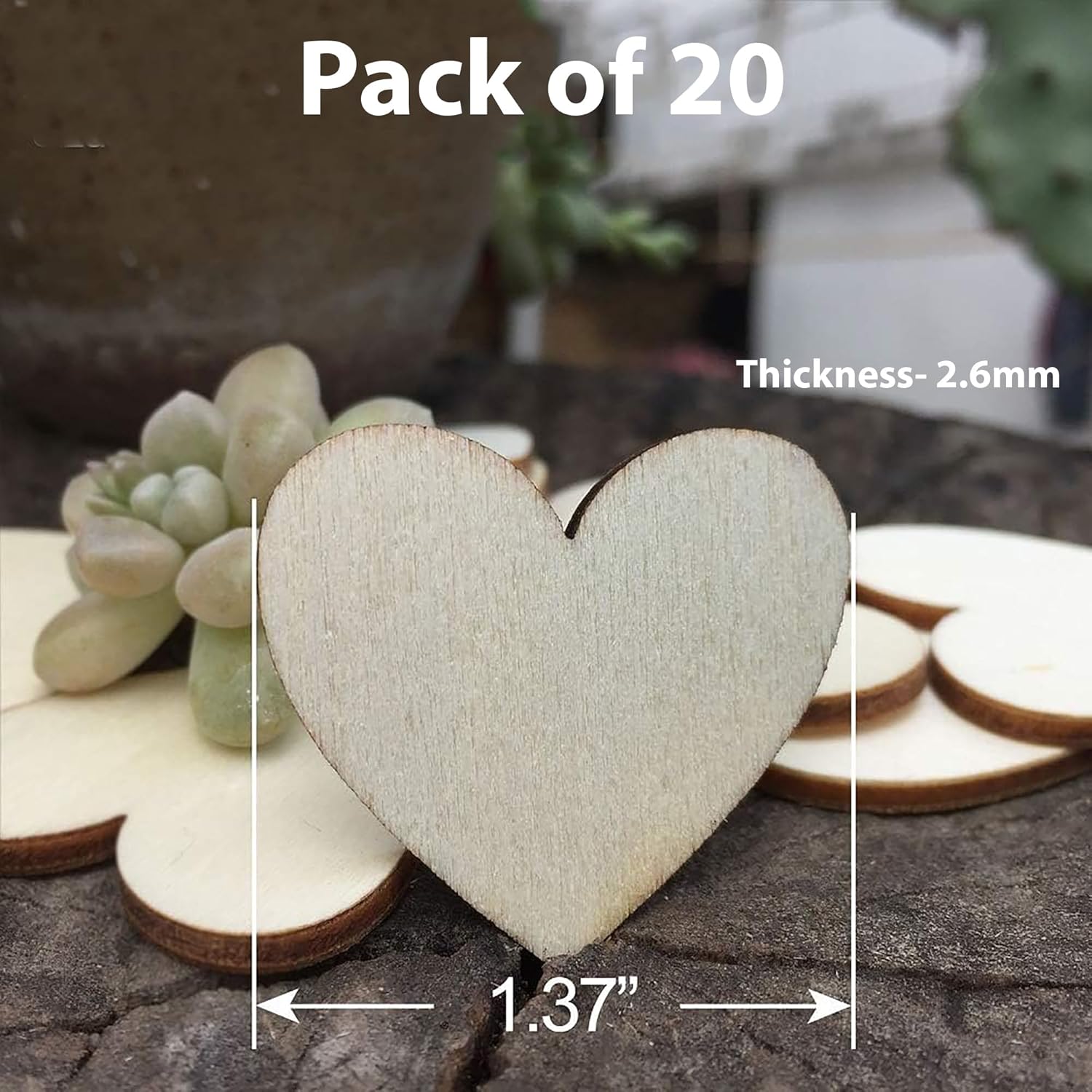 Wooden heart-shaped cutout with measurement details on a natural stone surface.