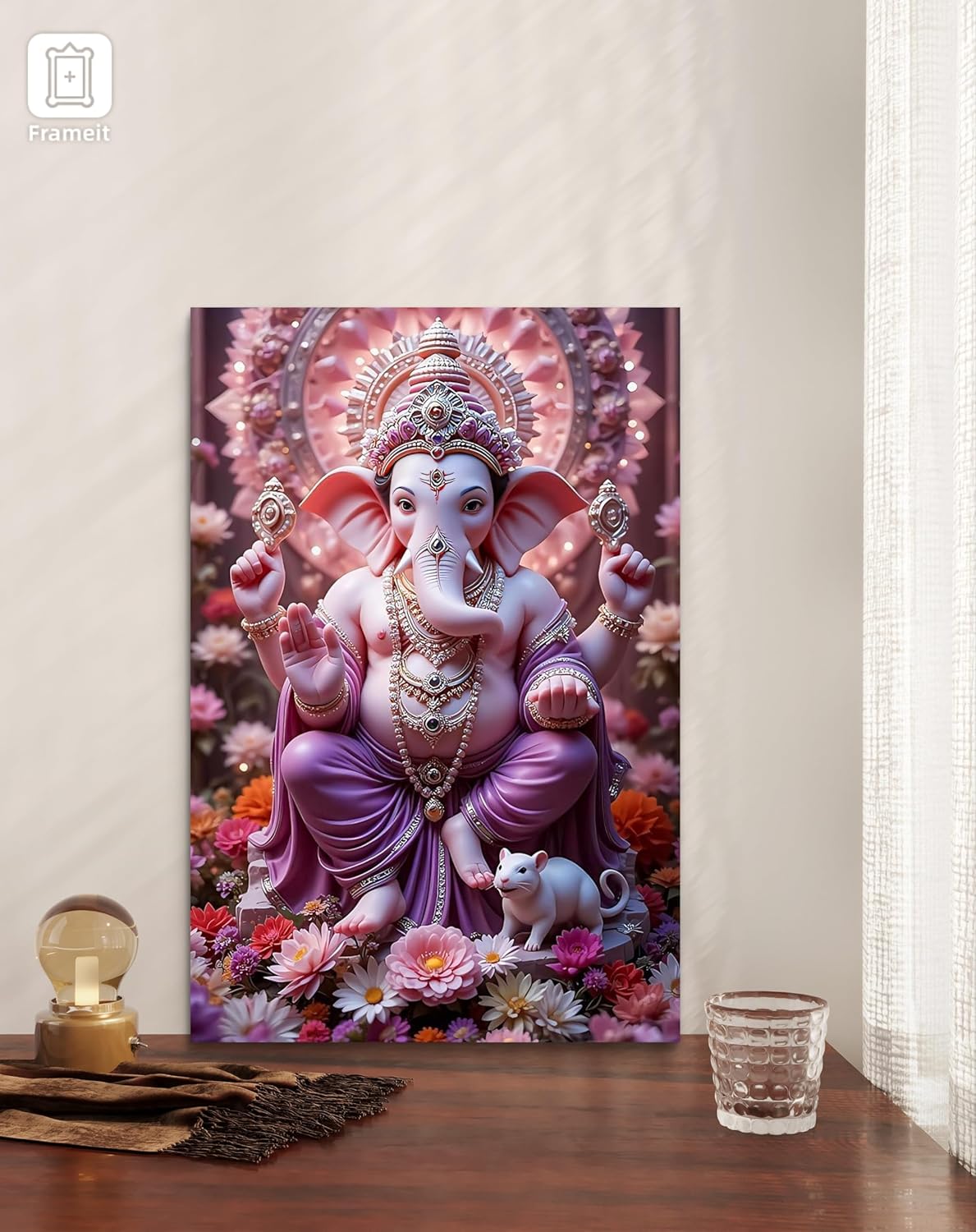 Decorative poster of a deity with flowers and a cat on a wooden surface.