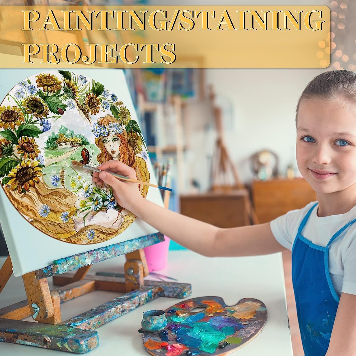 Child painting with a floral design on an easel, surrounded by art supplies.