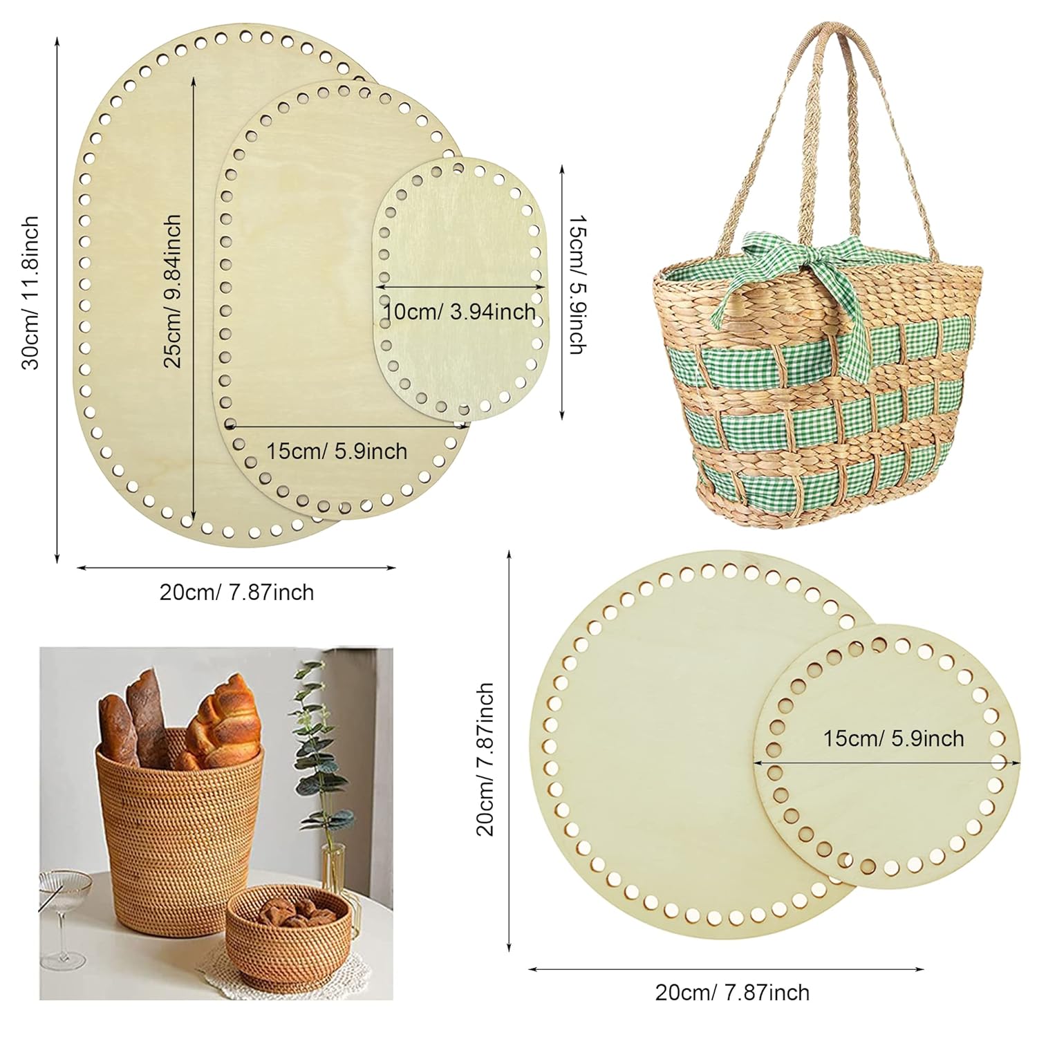 Woven baskets and coasters with dimensions on a white background