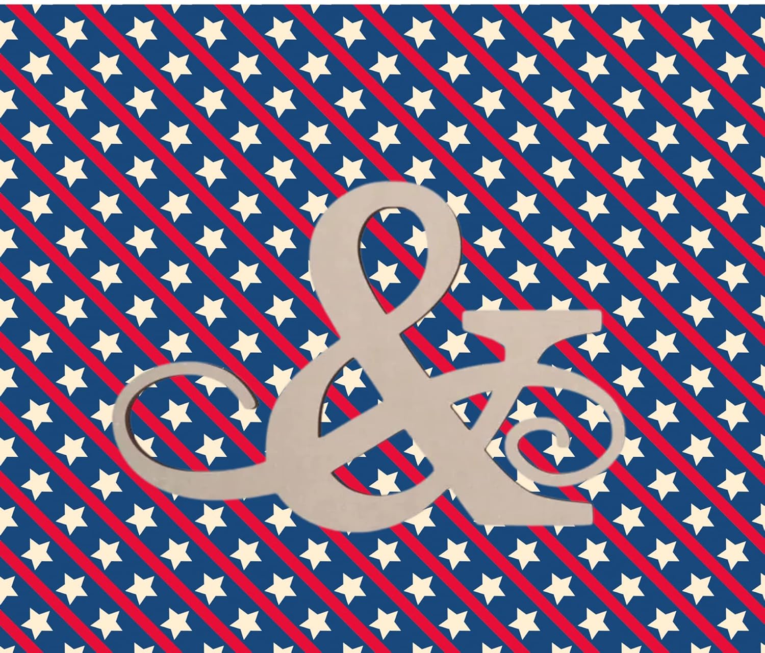 Decorative design with a large beige ampersand symbol on a background of red, white, and blue stripes and stars.