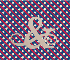 Decorative design with a large beige ampersand symbol on a background of red, white, and blue stripes and stars.