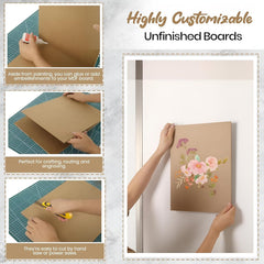 Collage of images showing the use of unfinished boards for crafting, with text highlighting their customizable nature.