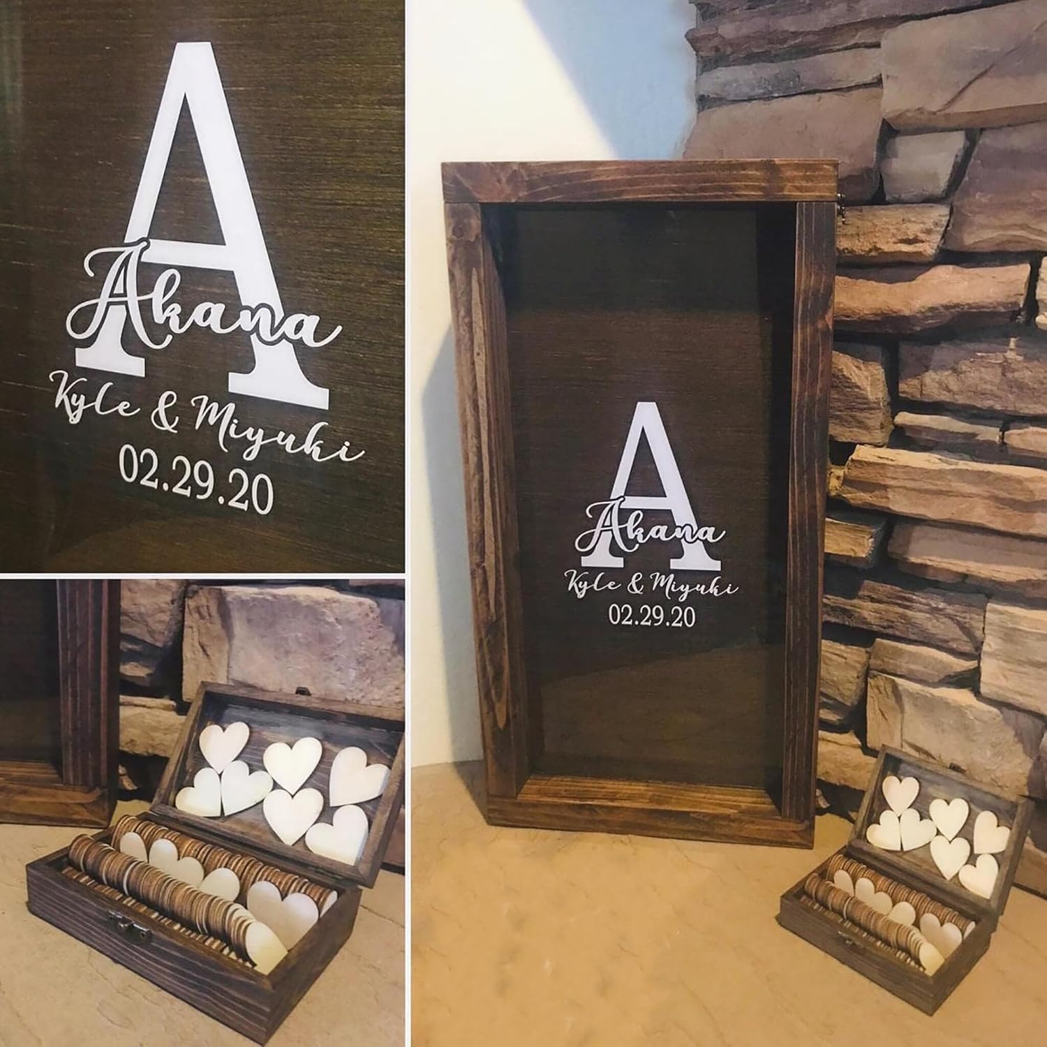 Wooden box with personalized design and heart-shaped items against a stone wall.