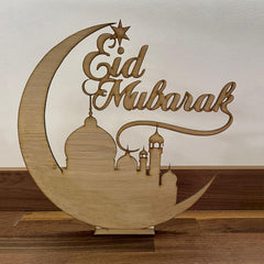 Cliths Eid Mubarak Wooden Table Sign Ramadan Decor Crescent Moon & Mosque Freestanding Islamic Decoration
