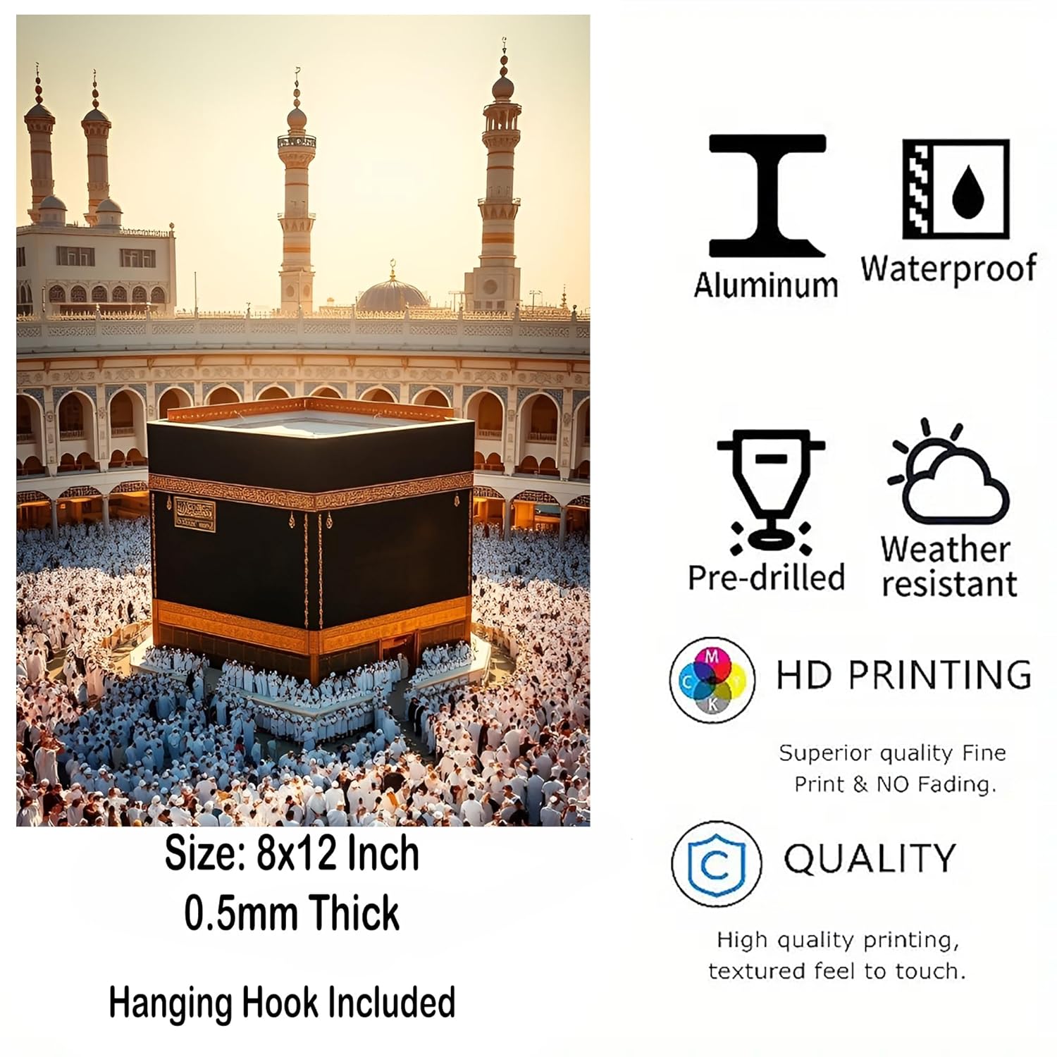 Decorative poster of the Kaaba with architectural elements and product features listed.