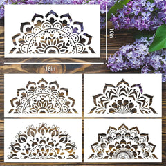 Set of decorative stencils with floral patterns on a wooden surface with purple flowers.