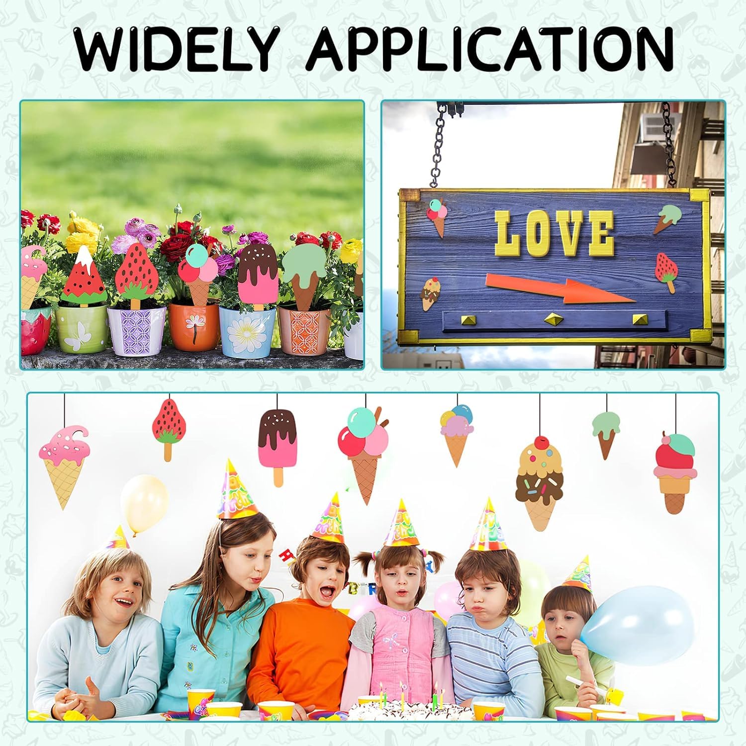 Decorative items including ice cream-themed decorations, a sign with 'LOVE', and children celebrating a birthday.
