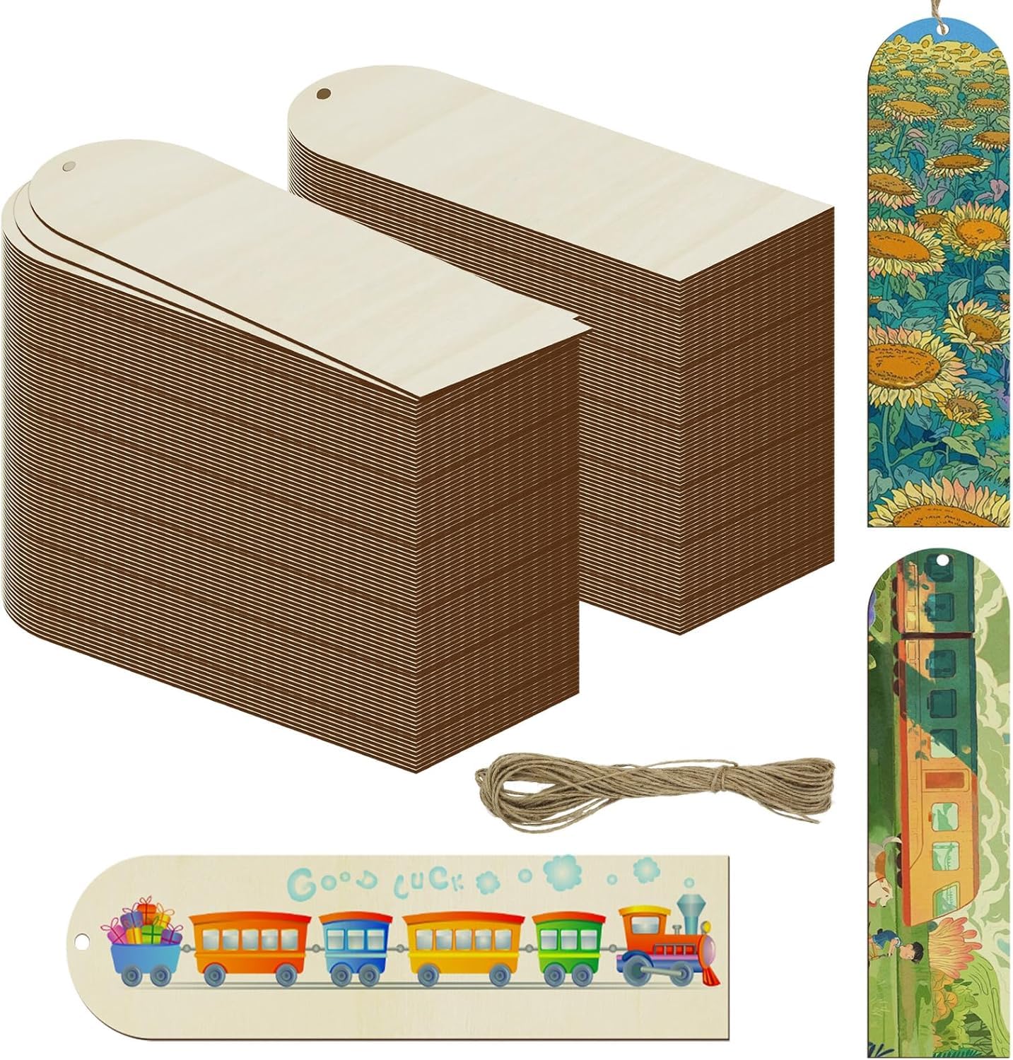 Stacks of cardboard boxes with decorative bookmarks featuring a train design and Van Gogh's 'Sunflowers'.