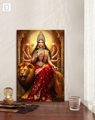 Decorative panel with a神像 of a deity sitting on a lion, framed in gold, on a wooden surface.