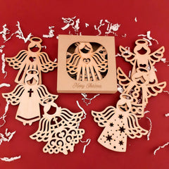 Wooden angel ornaments on a red background with 'Merry Christmas' text.