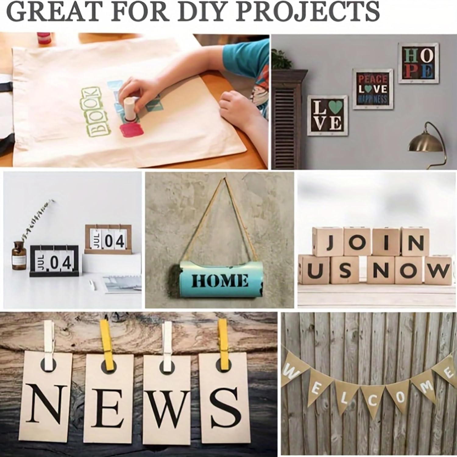 Collage of DIY projects including a person crafting, framed art, and decorative signs.