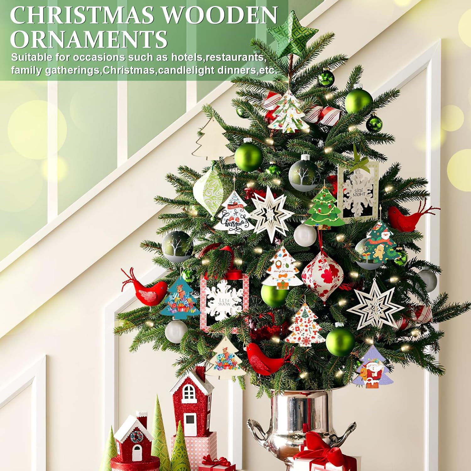 Decorative Christmas tree with wooden ornaments in a home setting