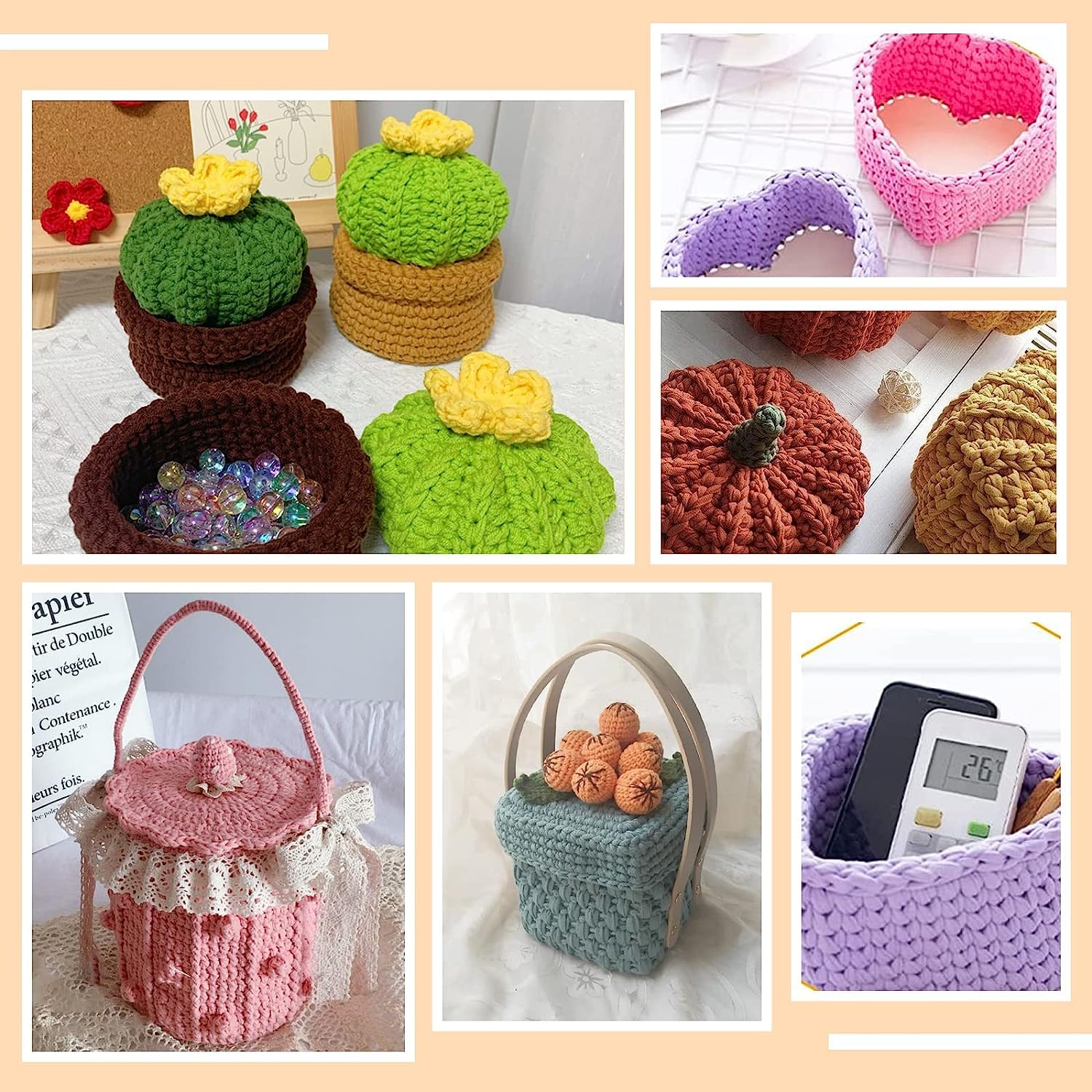 Collage of various crocheted baskets and containers in different colors and uses.
