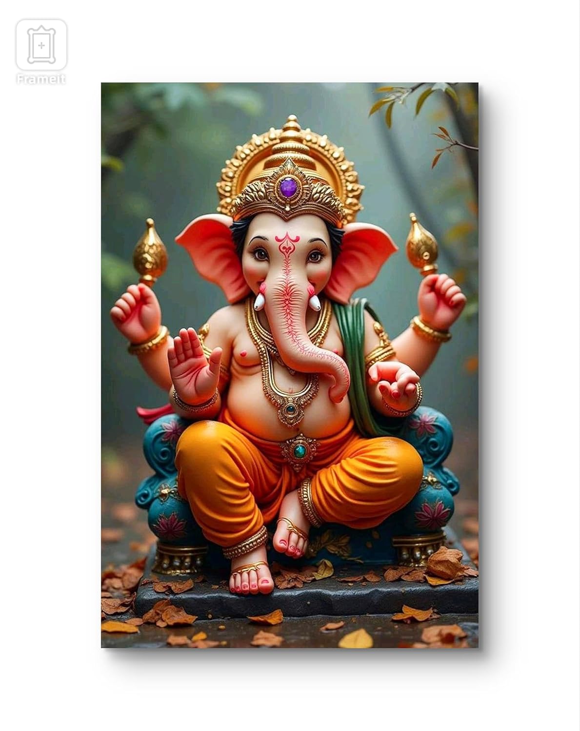 Colorful statue of a deity with intricate details on a natural background