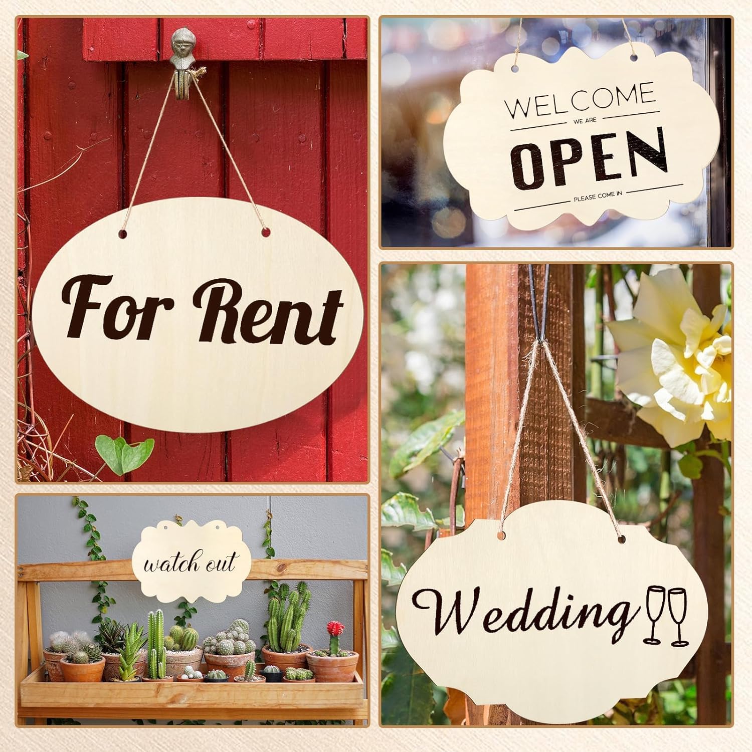 Collage of signs indicating 'For Rent', 'Open', and 'Wedding' with various backgrounds.