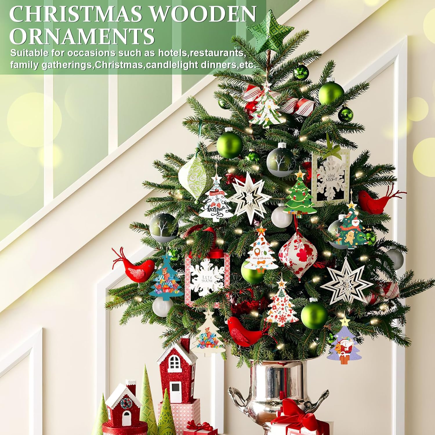Decorative Christmas tree with wooden ornaments in a home setting