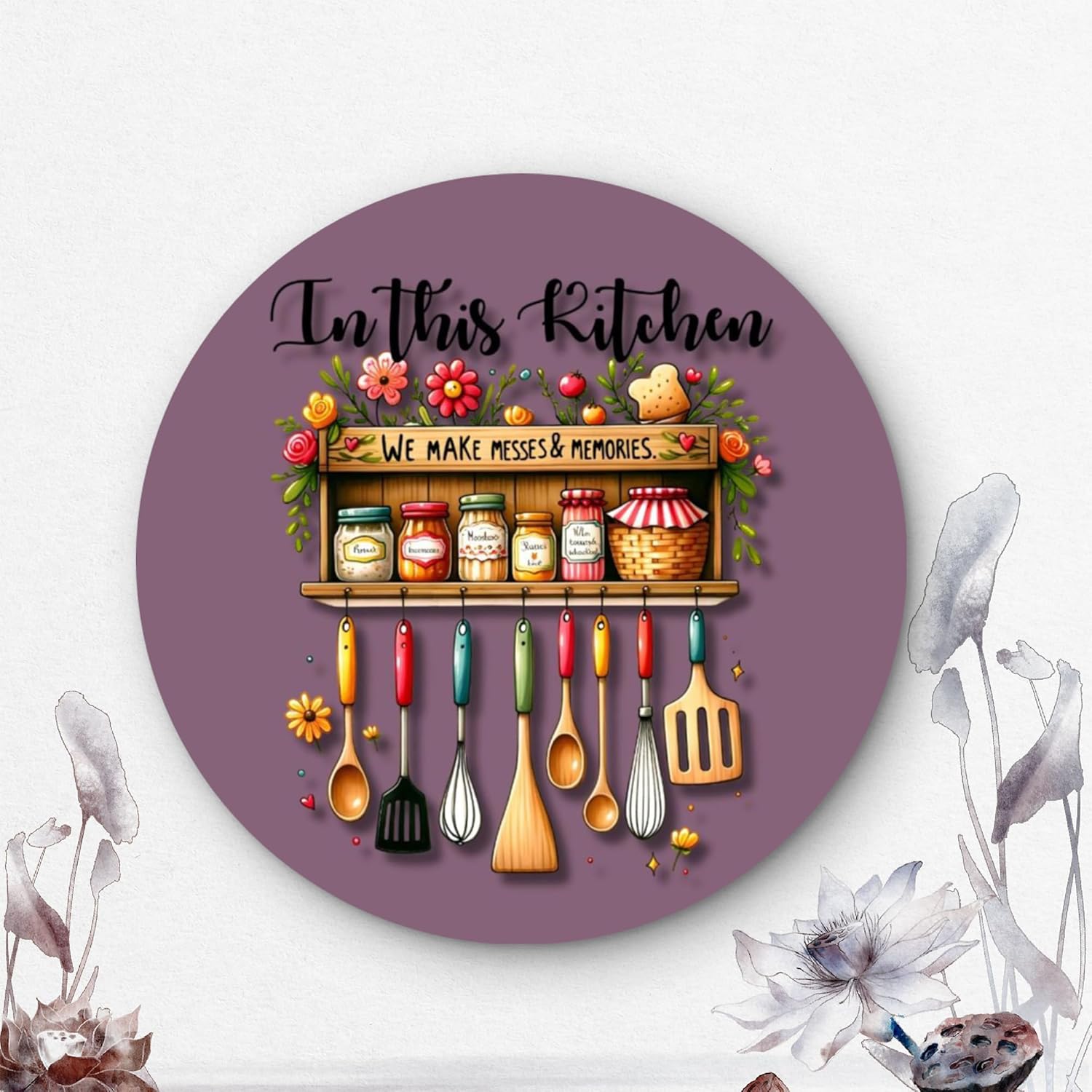 Decorative wall clock with kitchen-themed design on a purple background