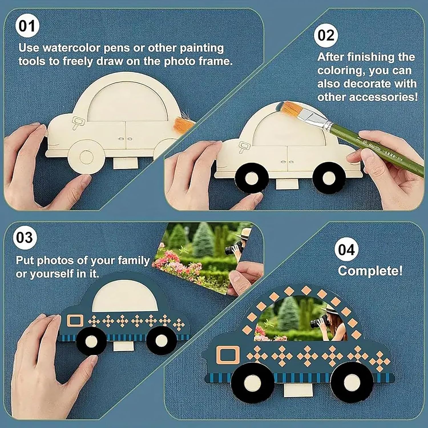 Step-by-step guide on customizing a cardboard car photo frame with watercolor pens.
