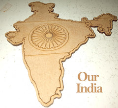 Wooden cutout of a map of India with a central emblem, on a light background.
