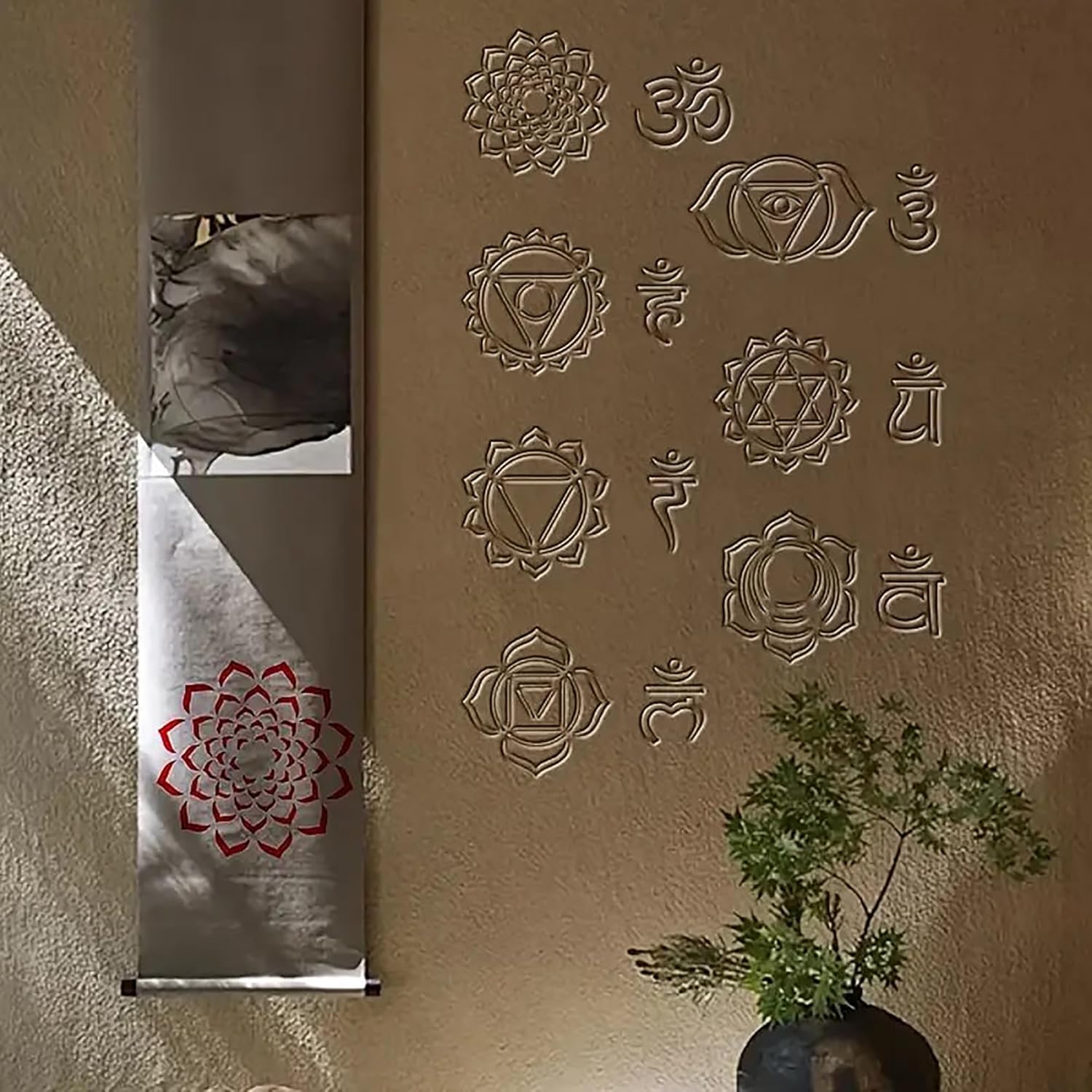 Decorative wall stickers with mandala designs on a beige wall.