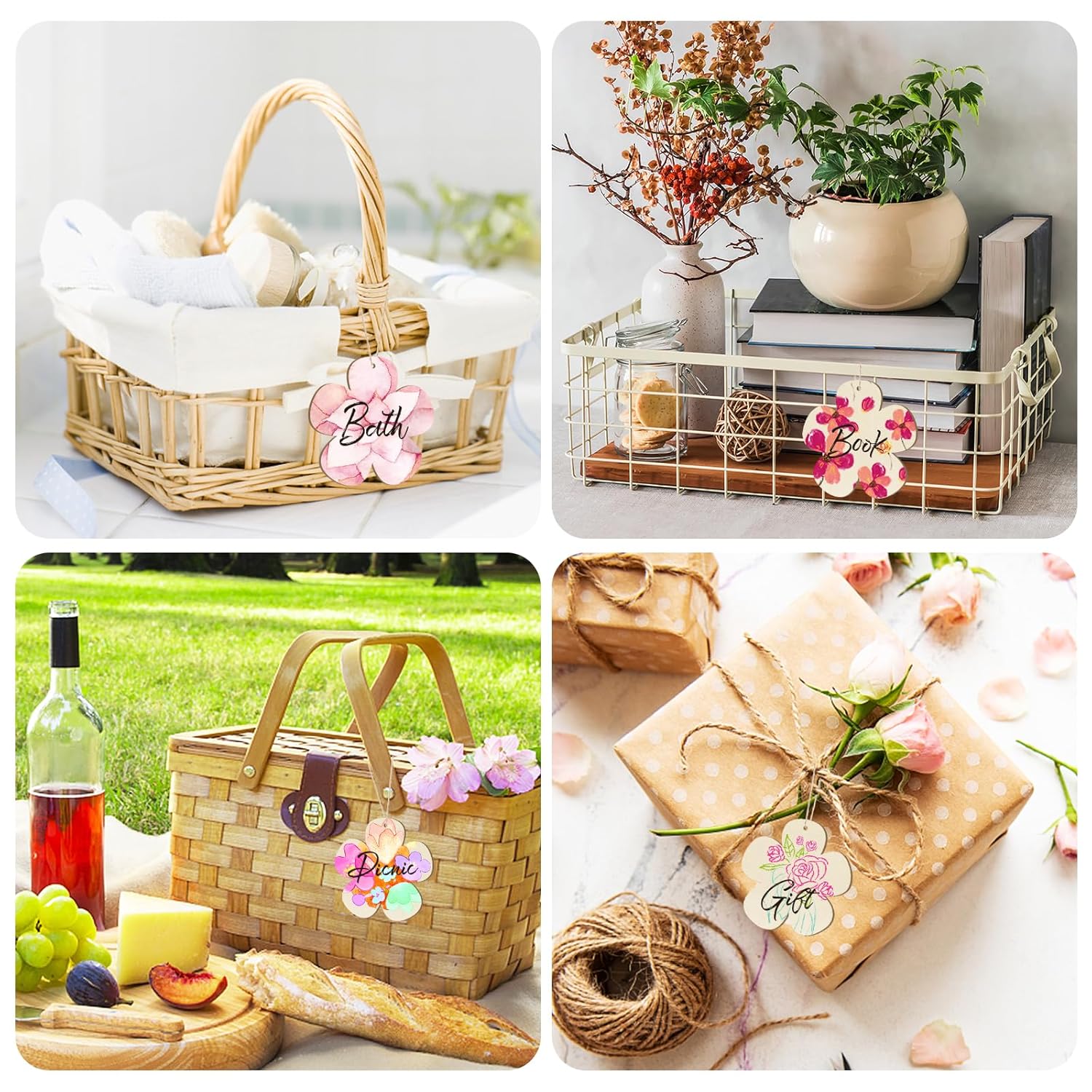 Collage of picnic basket, gift wrap, and decorative items with personalized tags.
