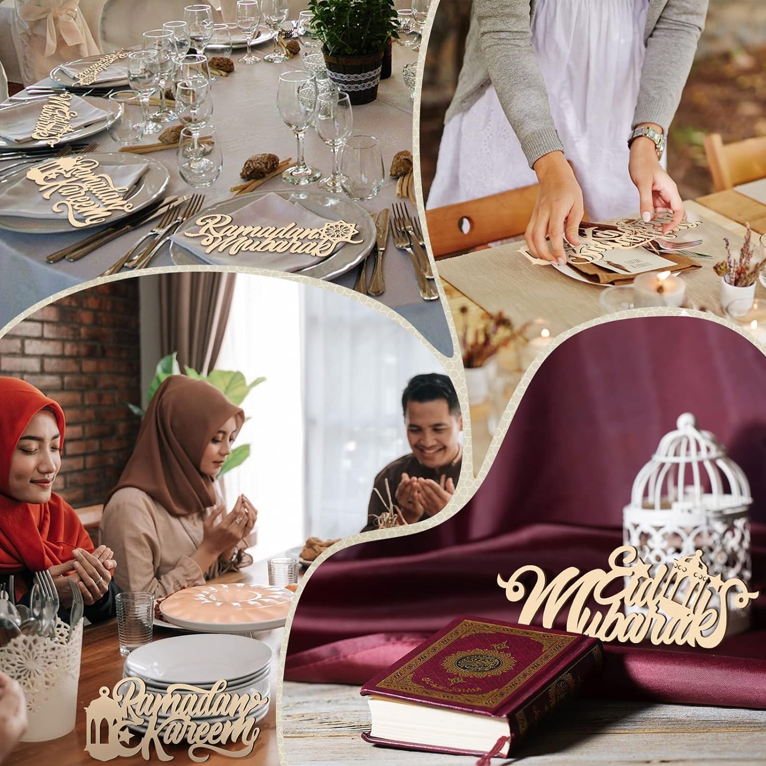 Collage of Ramadan-themed table settings, people praying, and a Quran with 'Ramadan Kareem' and 'Eid Mubarak' decorations.