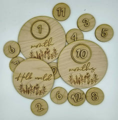 Wooden milestone discs with numbers and 'Hello world' text on a white background