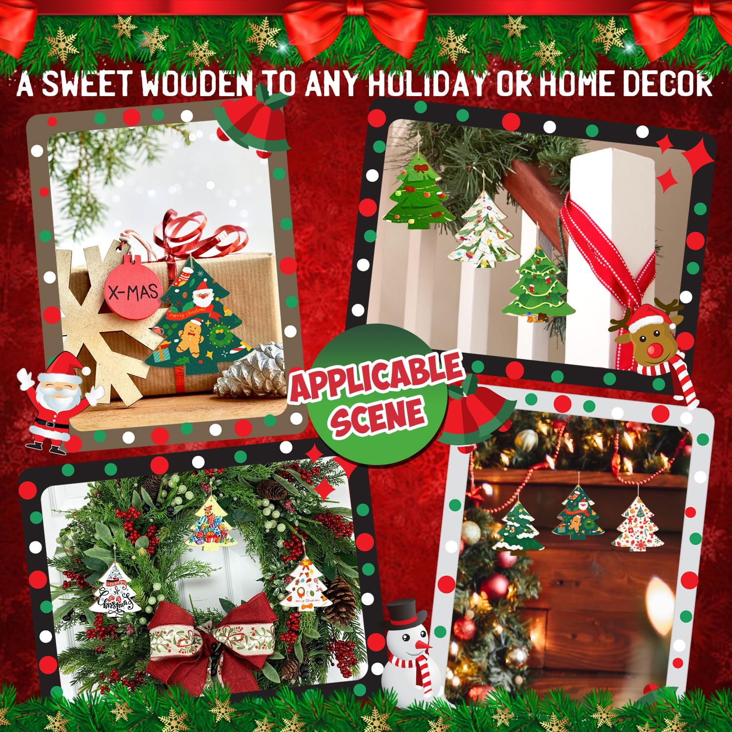 Decorative Christmas scene with wreaths, trees, and Santa Claus on a red background.